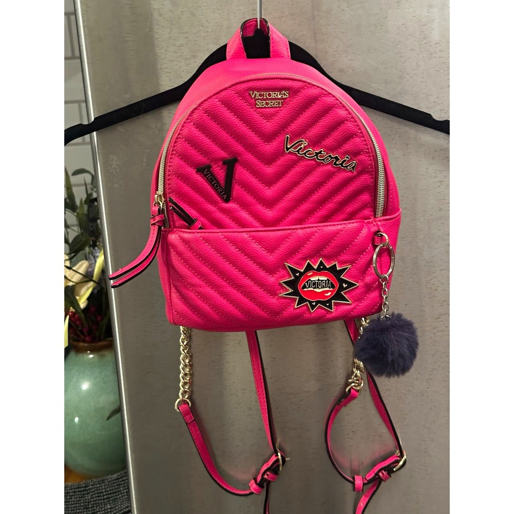 Victoria's Secret Pink Quilted Chevron Mini Backpack Chain Strap Gold Charm